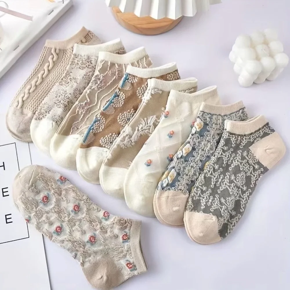 New 9 Pairs of Women'S Summer Embroidered Flower Crew Socks Breathable Hosiery